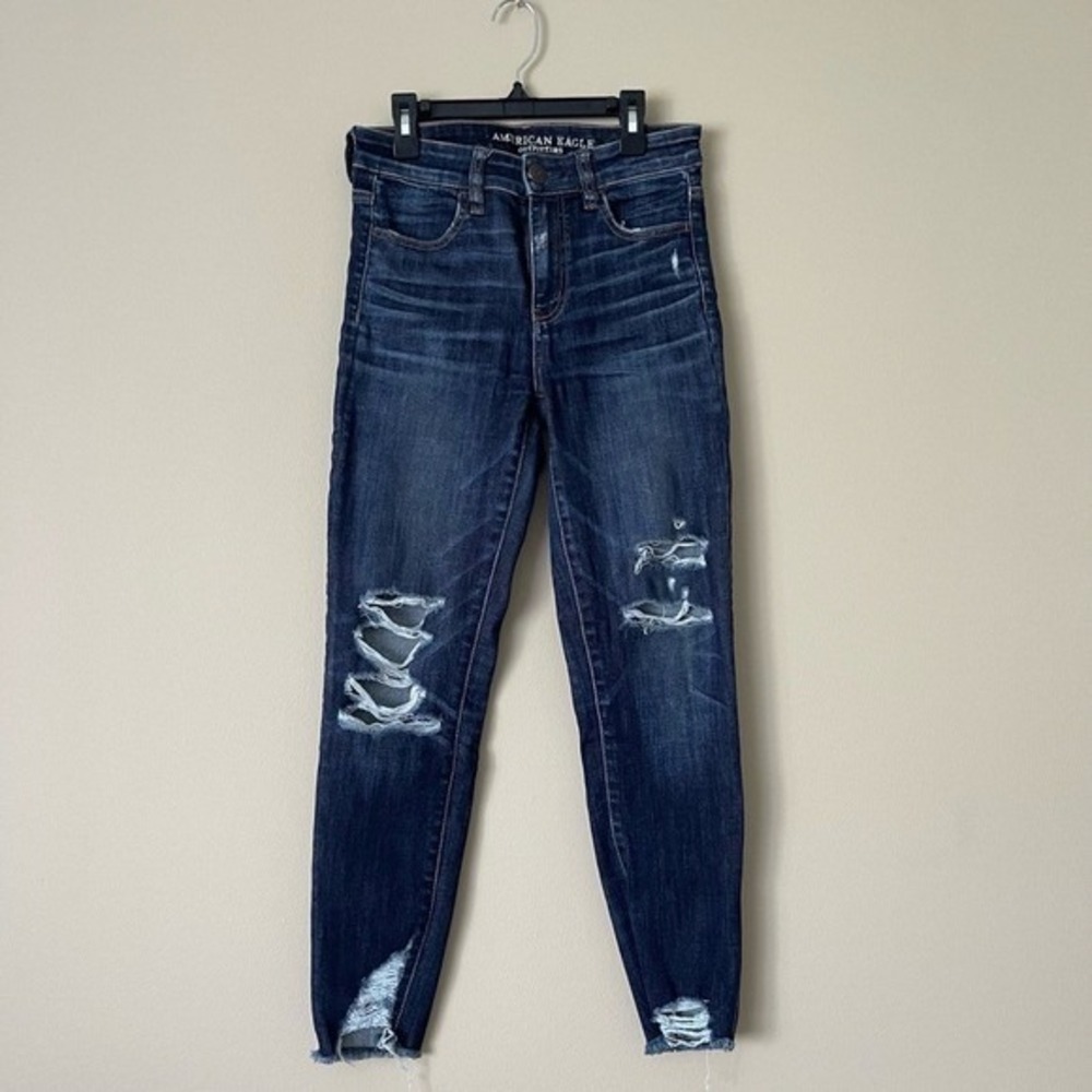 American Eagle Outfitters Jeans Womens US 4 Dark Wash Skinny Distressed Ripped - Picture 2 of 10